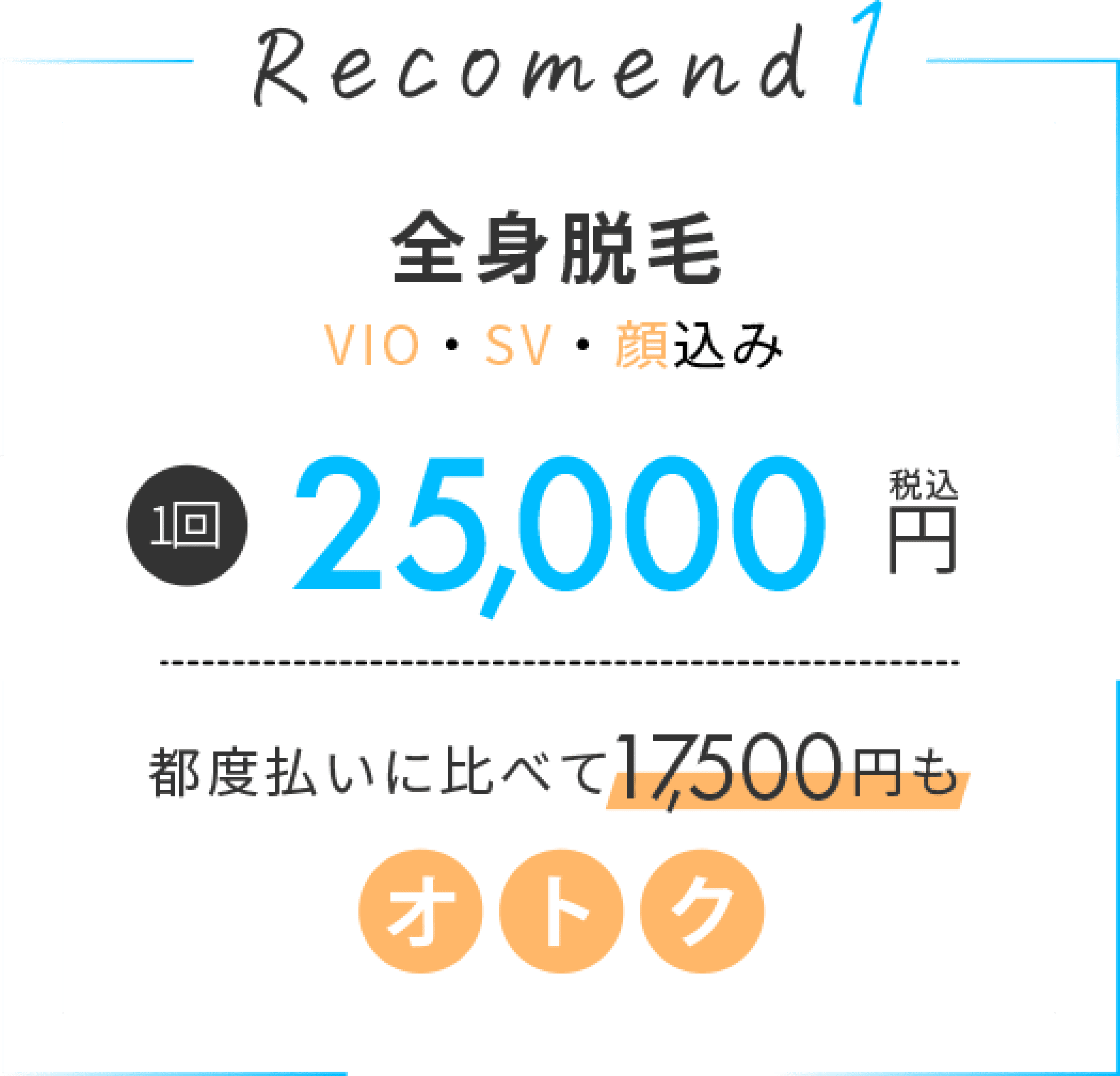 Recomend1 全身脱毛 VIO・SV・顔込み　1回税込25,000円　都度払いに比べて17,500円もオトク